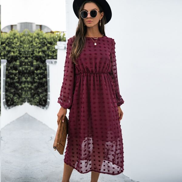 

Swiss Dot Keyhole Back A-line Dress, Maroon
