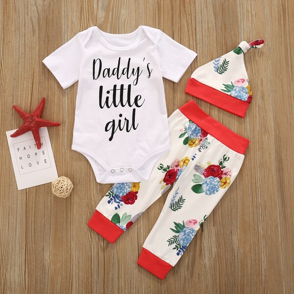 

Baby Slogan Graphic Bodysuit & Floral Print Sweatpants & Hat, White