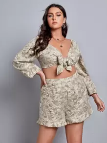 SHEIN Unity Plus Allover Floral Knot Crop Top With Shorts - Multicolor - View 1