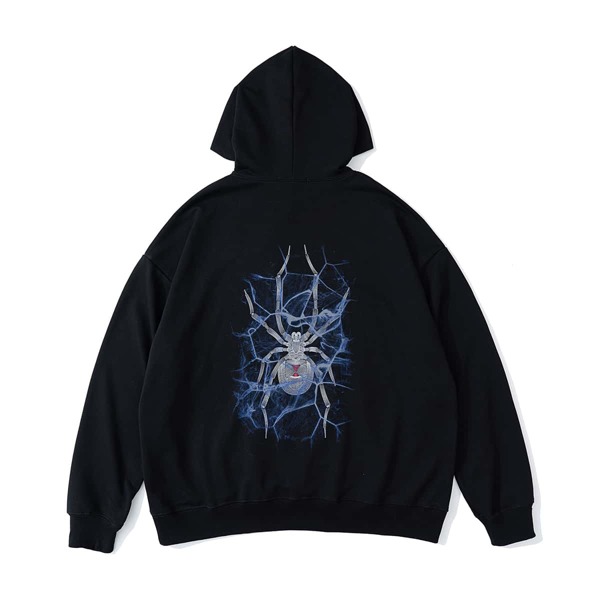 

Men Spider Print Kangaroo Pocket Hoodie, Black