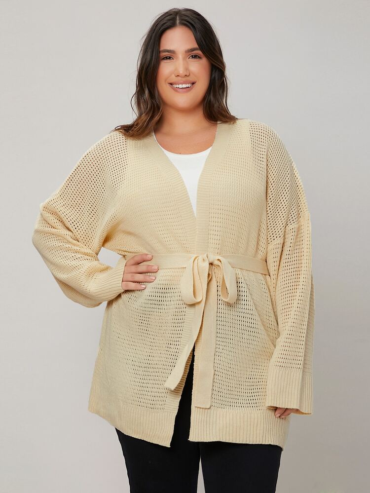 Plus Belted Pointelle Knit Cardigan