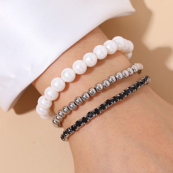 

3pcs Faux Pearl & Zircon Decor Bracelet, Multicolor