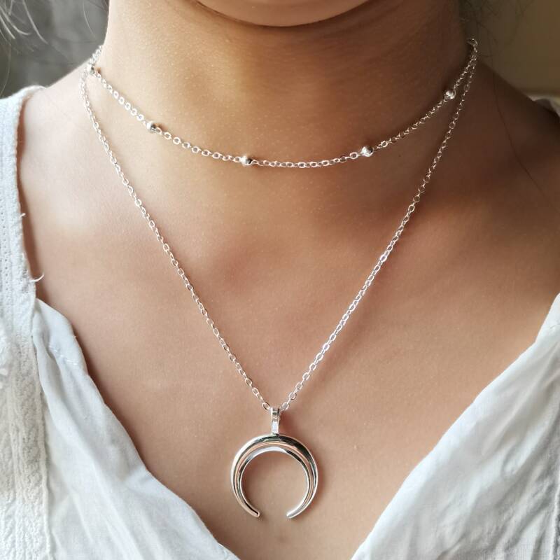 

Moon Decor Layered Chain Necklace, Silver
