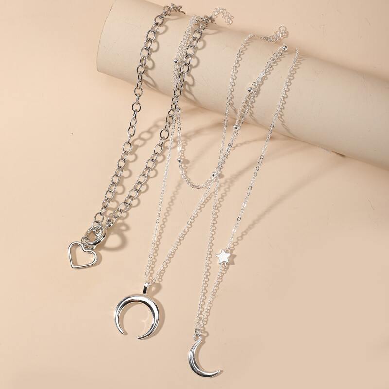

3pcs Heart Decor Chain Necklace, Silver