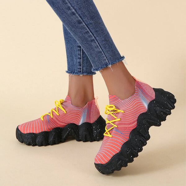 

Colorblock Knit Detail Lace-up Front Sneakers, Multicolor