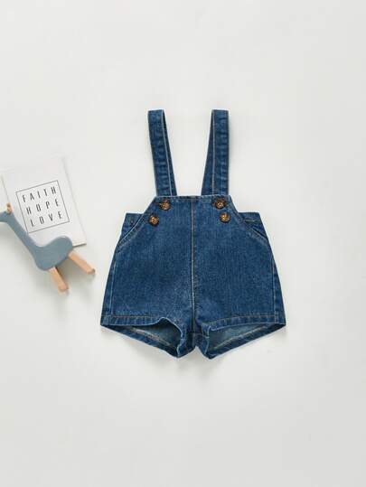 SHEIN Playful Pals 嬰兒女孩鈕扣細節牛仔背帶短褲