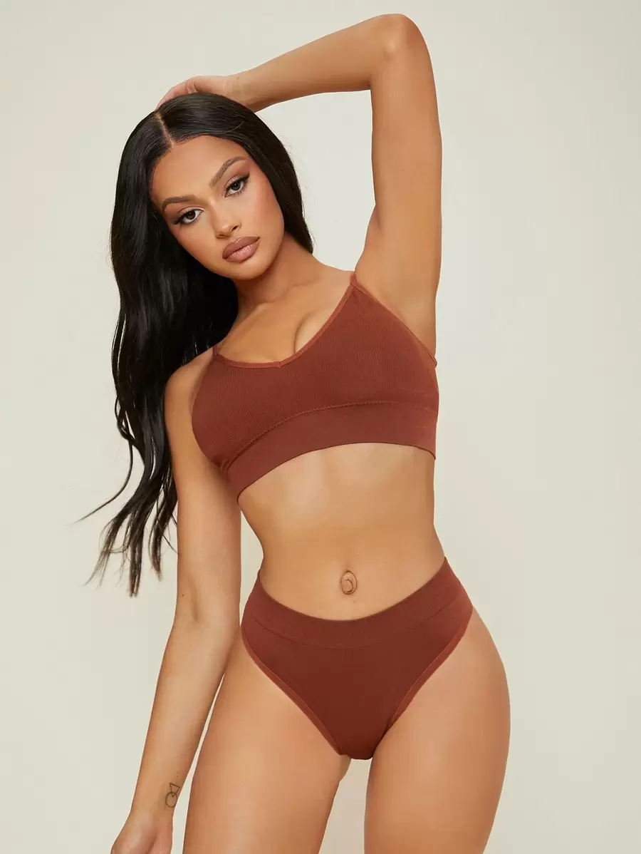 Set de lencería unicolor de canalé - Óxido marrón - Ver 1