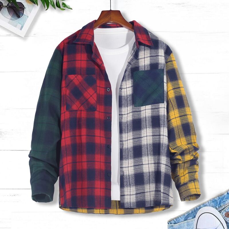 

Guys Color-block Plaid Dual Pocket Shirt, Multicolor