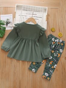 SHEIN Camiseta con fruncido unicolor con pantalones con estampado floral - Verde - Ver 2