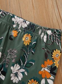 SHEIN Camiseta con fruncido unicolor con pantalones con estampado floral - Verde - Ver 3