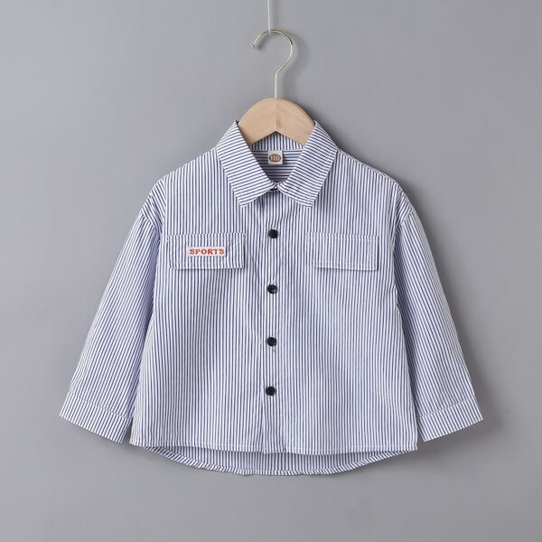 

Toddler Boys Patched Striped Button Up Shirt, Blue and white