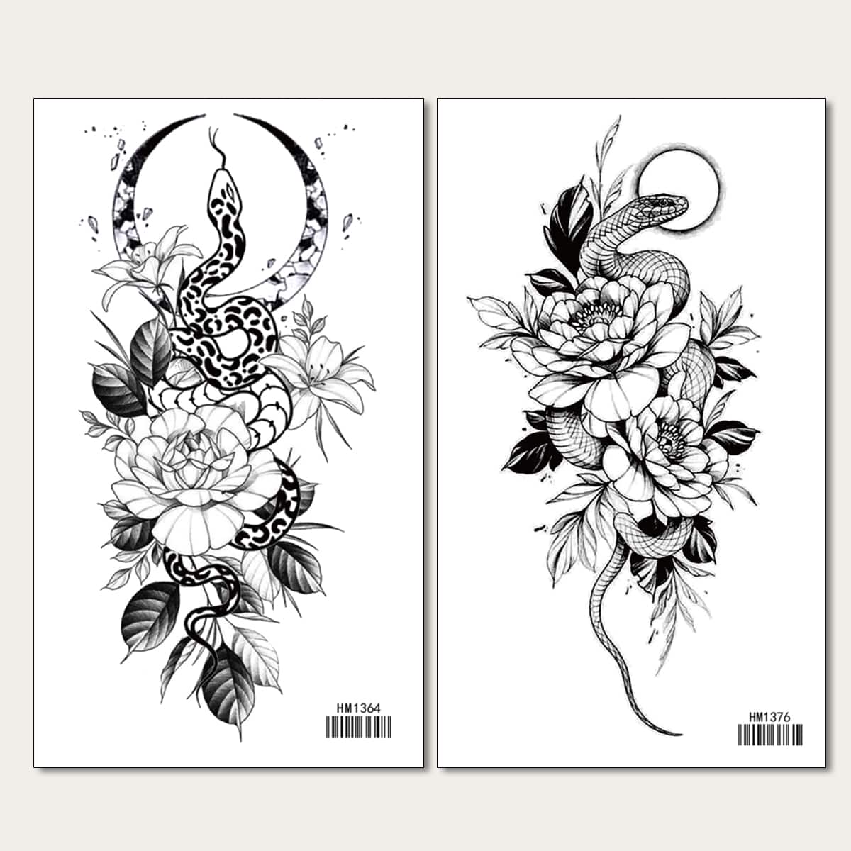 

2sheets Floral & Snake Tattoo Sticker, Black