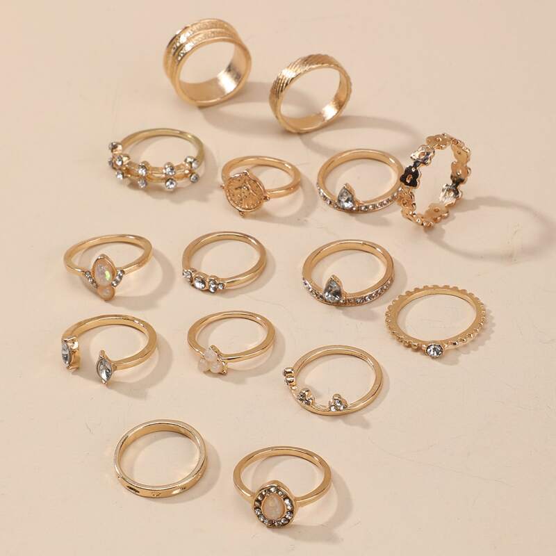 

15pcs Rhinestone Decor Ring, Gold