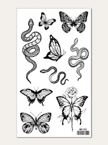 KING HORSE 1張蛇和蝴蝶樣式紋身貼紙 - 黑色 - 查看 1