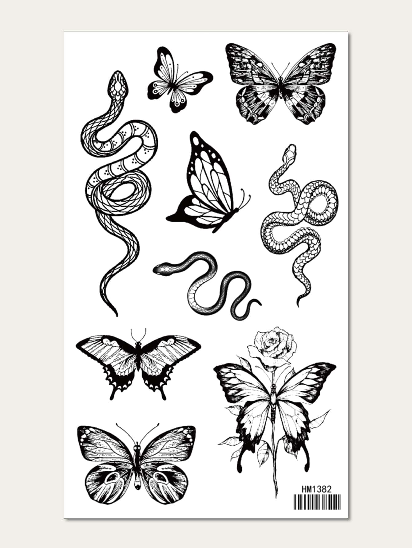 KING HORSE 1張蛇和蝴蝶樣式紋身貼紙 - 黑色 - 查看 1