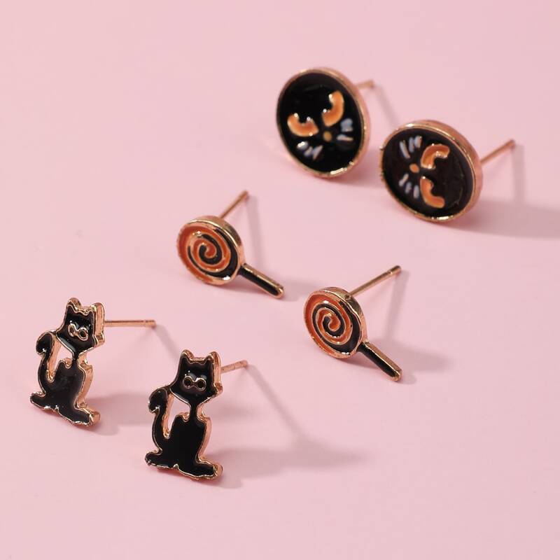 

3pairs Cat Decor Stud Earrings, Multicolor