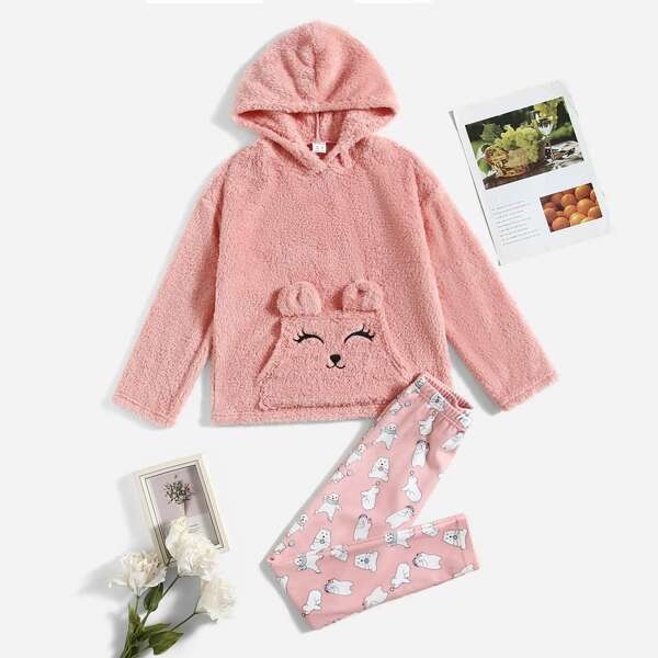 

Girls Cartoon Embroidered Kangaroo Pocket Hooded Teddy Top & Leggings, Multicolor