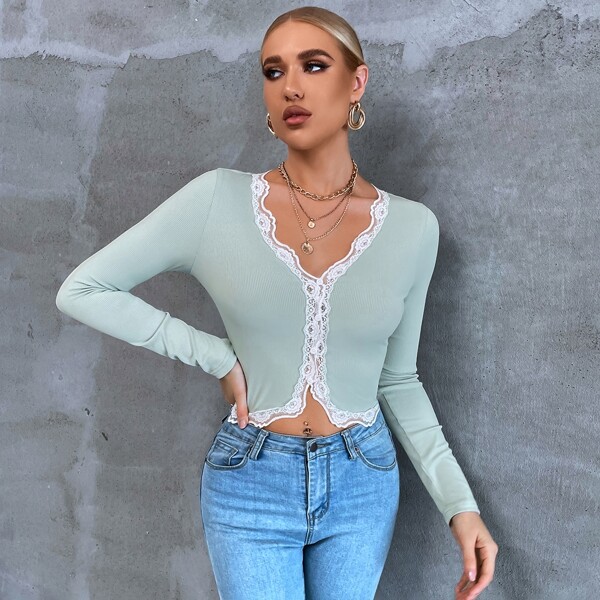 

Ribbed Knit Lace Trim Button Front Crop Tee, Mint green
