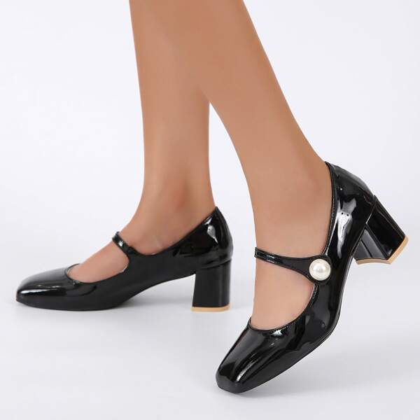 

Faux Pearl Decor Chunky Heeled Mary Janes, Black