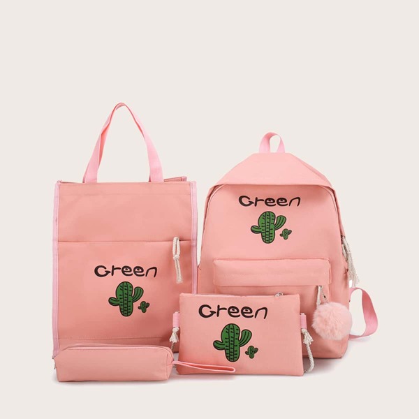 

Girls Plant Graphic Pom Pom Decor Bag Set, Pink