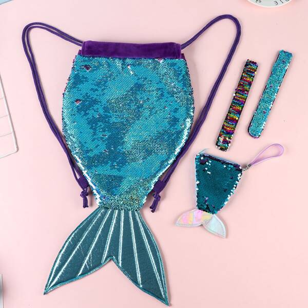 

4pcs Girls Mermaid Design Sequin Decor Backpack Set, Blue
