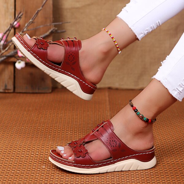 

Floral Appliques Cut Out Design Wedge Sandals, Burgundy