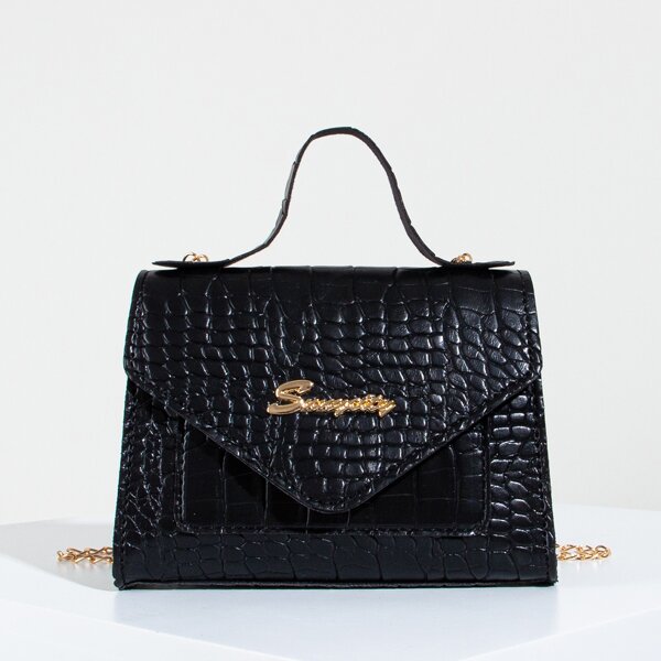 

Metal Decor Croc Embossed Square Bag, Black