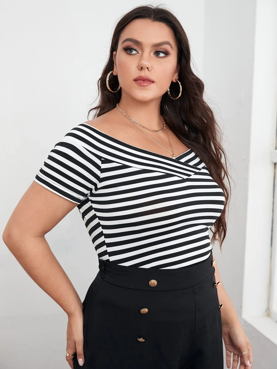 SHEIN LUNE Plus Striped Off The Shoulder Tee, Summer - Black and White - View 1