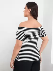 SHEIN LUNE Plus Striped Off The Shoulder Tee, Summer - Black and White - View 2