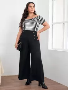 SHEIN LUNE Plus Striped Off The Shoulder Tee, Summer - Black and White - View 3