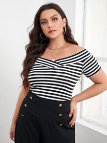 SHEIN LUNE Plus Striped Off The Shoulder Tee, Summer - Black and White - View 5