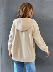 SHEIN EZwear Rhinestone Butterfly Print Drop Shoulder Zip Up Hoodie - Apricot - View 2