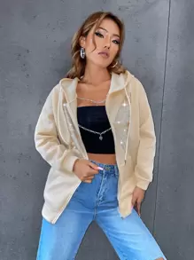 SHEIN EZwear Rhinestone Butterfly Print Drop Shoulder Zip Up Hoodie - Apricot - View 4
