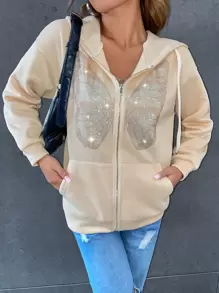 SHEIN EZwear Rhinestone Butterfly Print Drop Shoulder Zip Up Hoodie - Apricot - View 5