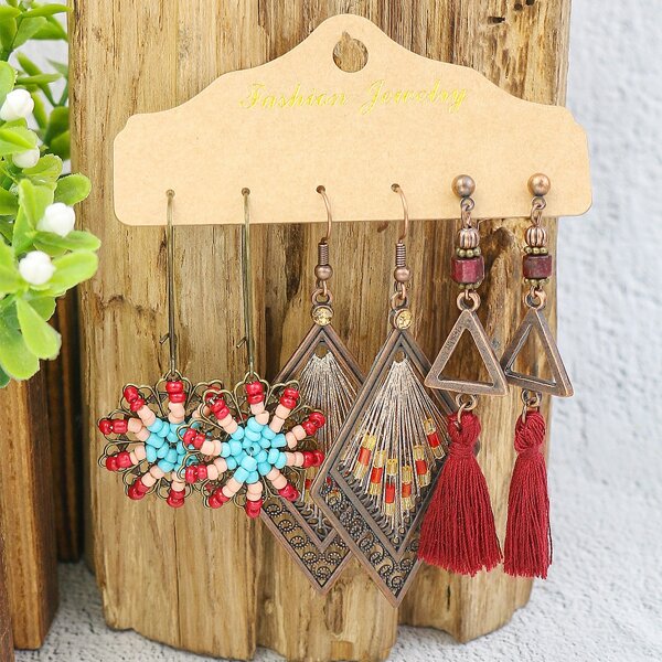 

3pairs Tassel Decor Drop Earrings, Multicolor