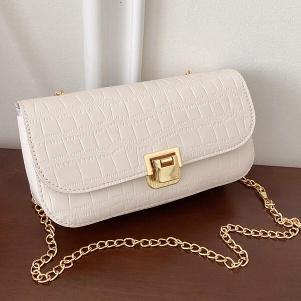 

Croc Embossed Flap Chain Bag, Beige