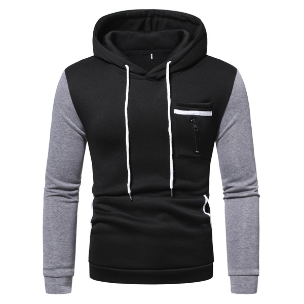 

Men Pocket Front Color Block Drawstring Hoodie, Black