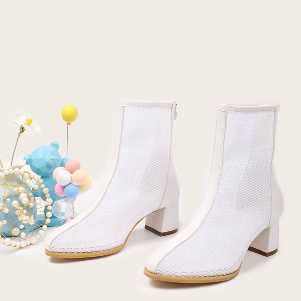 

Minimalist Mesh Chunky Heeled Boots, White