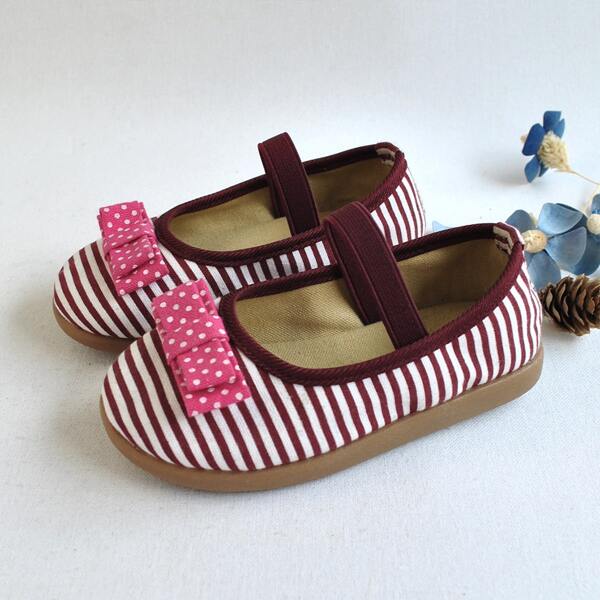 

Girls Bow Decor Striped Pattern Mary Jane Flats, Red and white