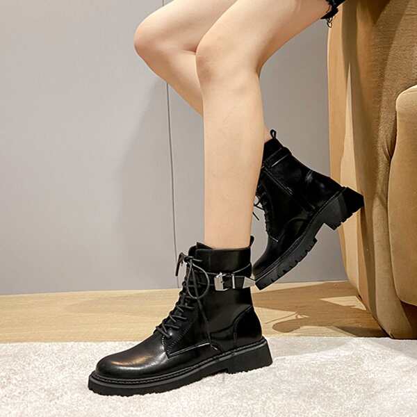 

Buckle Decor Lace-up Front Side Zipper Combat Boots, Black