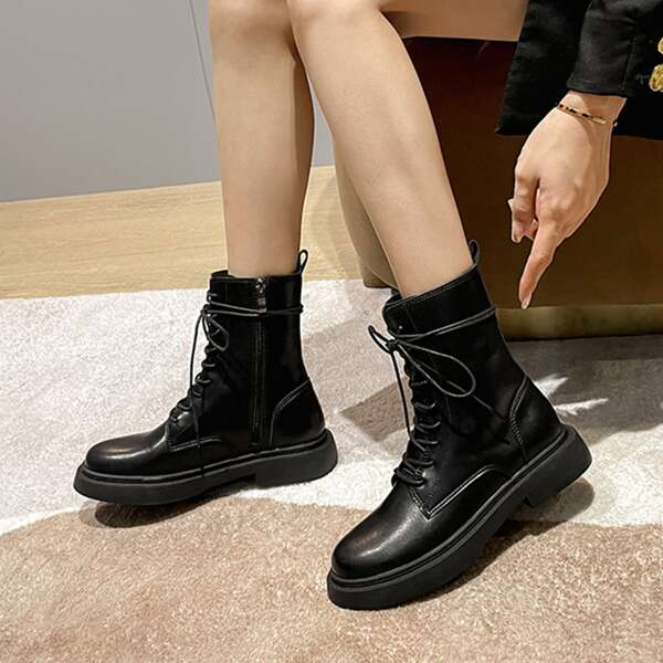 

Lace-up Front Side Zipper Combat Boots, Black