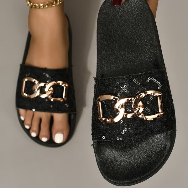 

Metal & Sequins Decor Flat Slides, Black