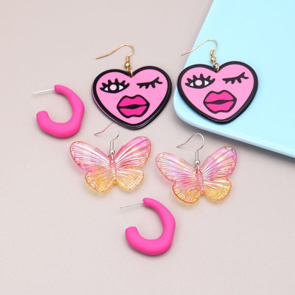 

3pairs Butterfly & Heart Charm Earrings, Multicolor