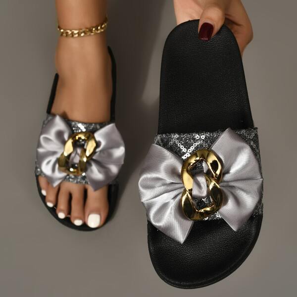 

Metal & Bow Decor Flat Slides, Silver