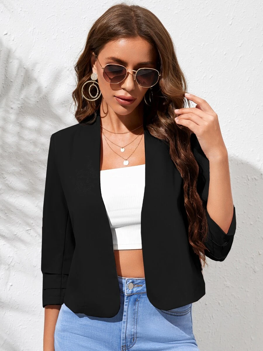 SHEIN Clasi Layer Detail Sleeve Open Front Jacket In Fall/Winter - Black - View 1