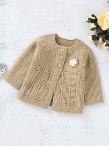 女婴花卉贴花插肩袖开衫，前襟带纽扣 - 駝色 - 查看 1