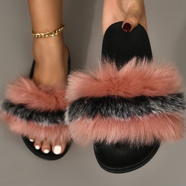 

Two Tone Fluffy Flat Slides, Multicolor
