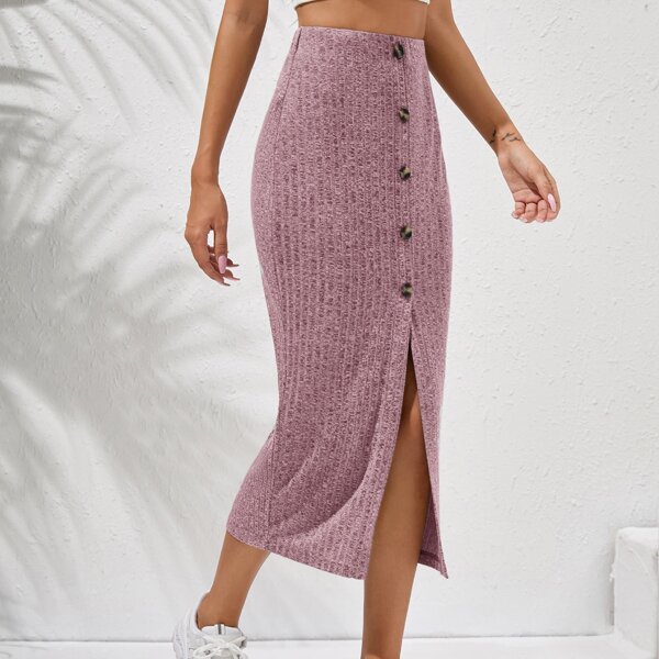 

Button Front Rib-knit Skirt, Dusty pink
