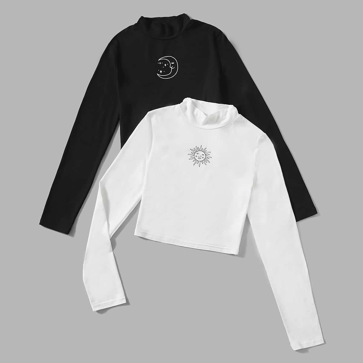 

2pcs Graphic Print Tee, Black and white