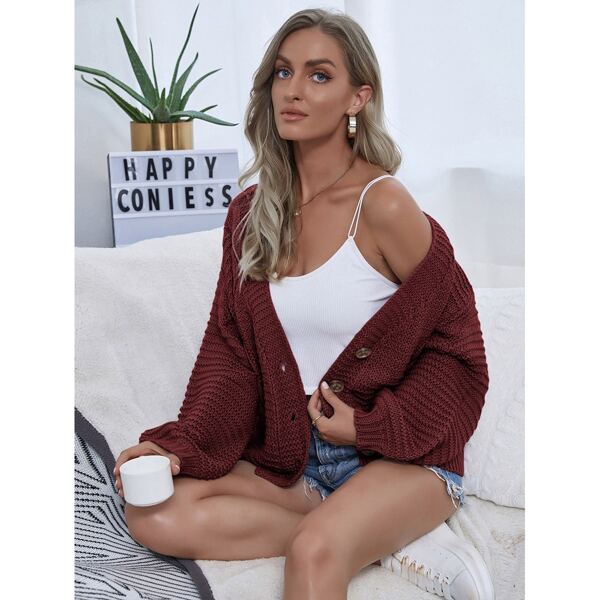 

Drop Shoulder Button Front Cardigan, Burgundy